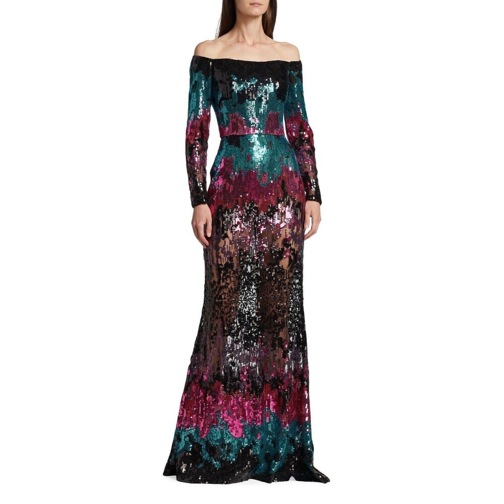 Elie Saab Off-Shoulder Sequin Maxi Dress in Teal, Fuchsia, Black